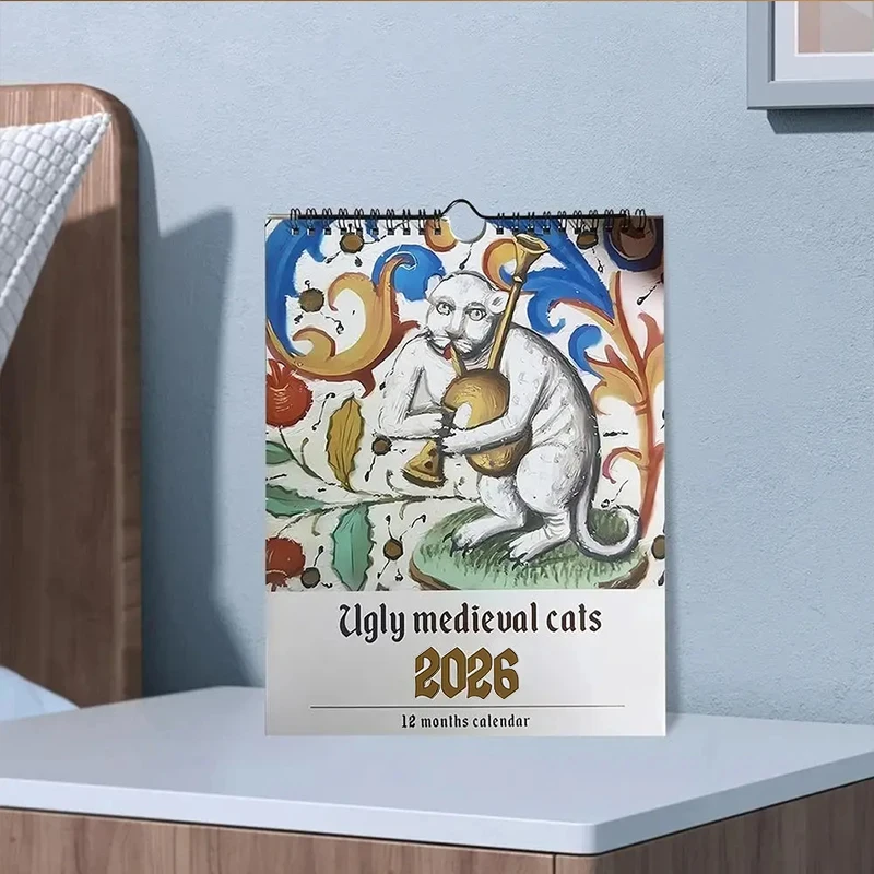 2026 القبيح القرون الوسطى القط التقويم غريب القرون الوسطى القطط القط جدار التقويم معلقة مثيرة للاهتمام القرون الوسطى القط اللوحة جدار التقويم