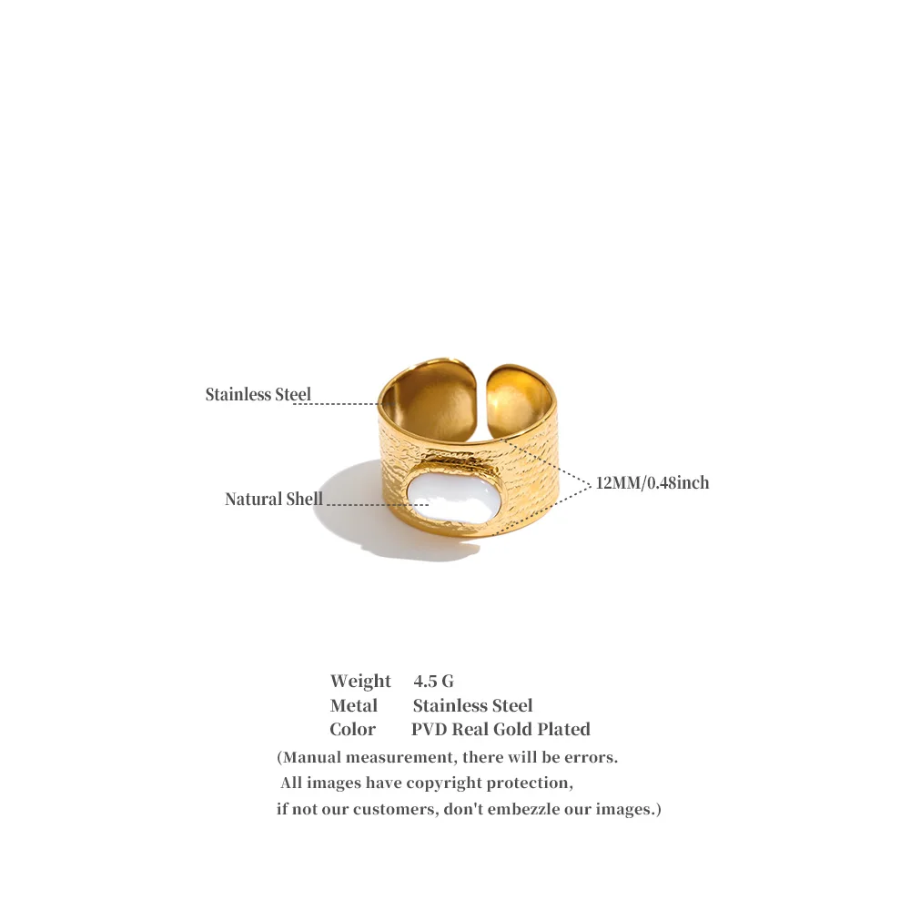 Yhpup Größe 7 Edelstahl Metall Hammer Breiter Ring Muschel Türkis Tigerauge Rechteckiger Goldener Fingerschmuck – Detail 1