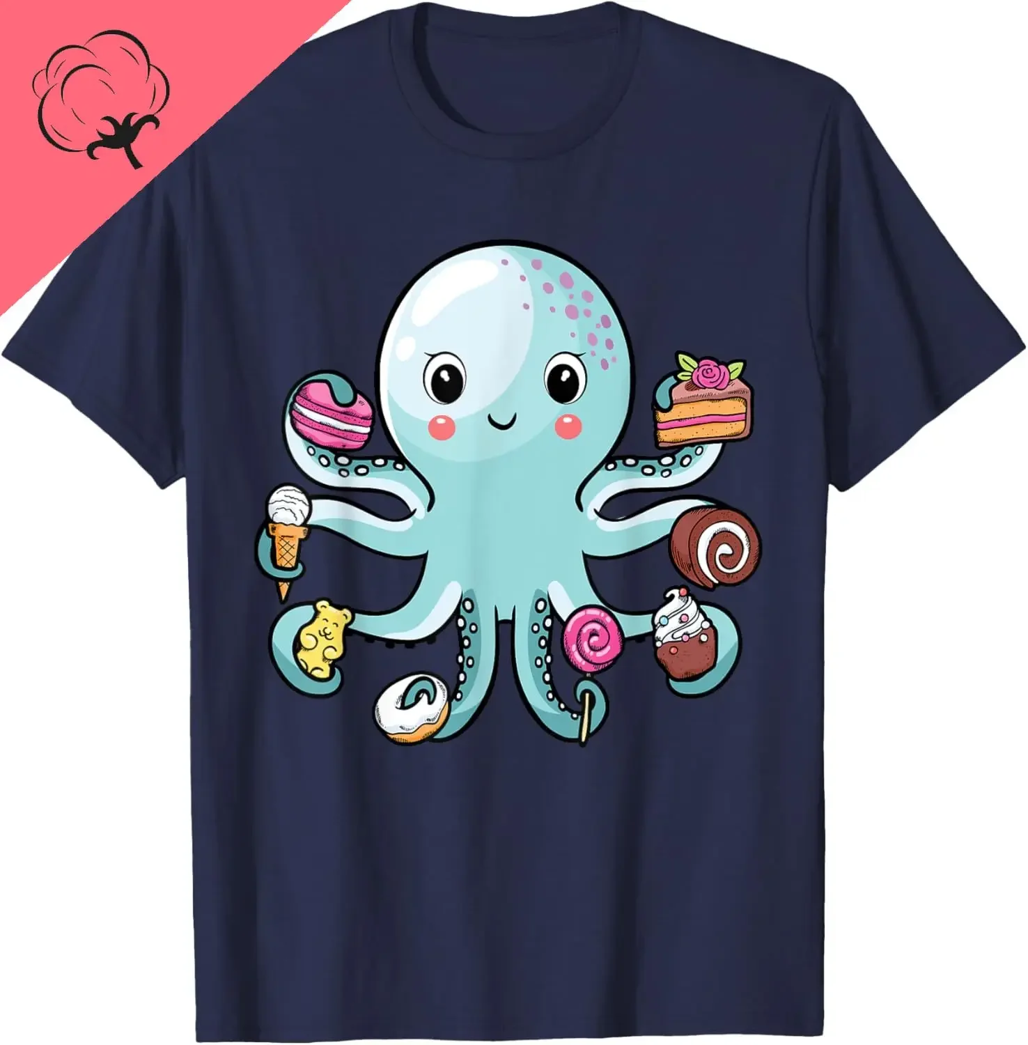 

Cute Octopus Holding Sweets Graphic Tee Soft Cotton Casual Crewneck T-Shirt