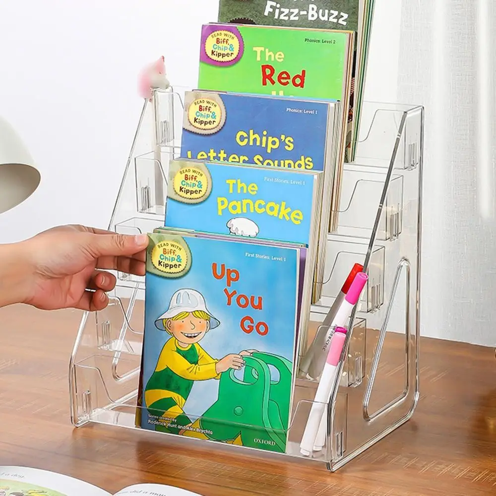 5 Tier Acrylic Book Display Rack DIY Ladder Type Badge Display Holder Large Capacity Save Space Magazines Organizer