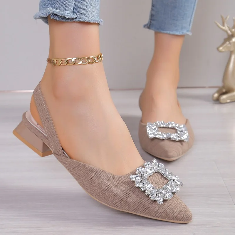 New Low Heeled Sandals Clear Shoes Women's Rhinestone Comfortable Medium Pointed Spring Fashion Girls Work Dress Shoes