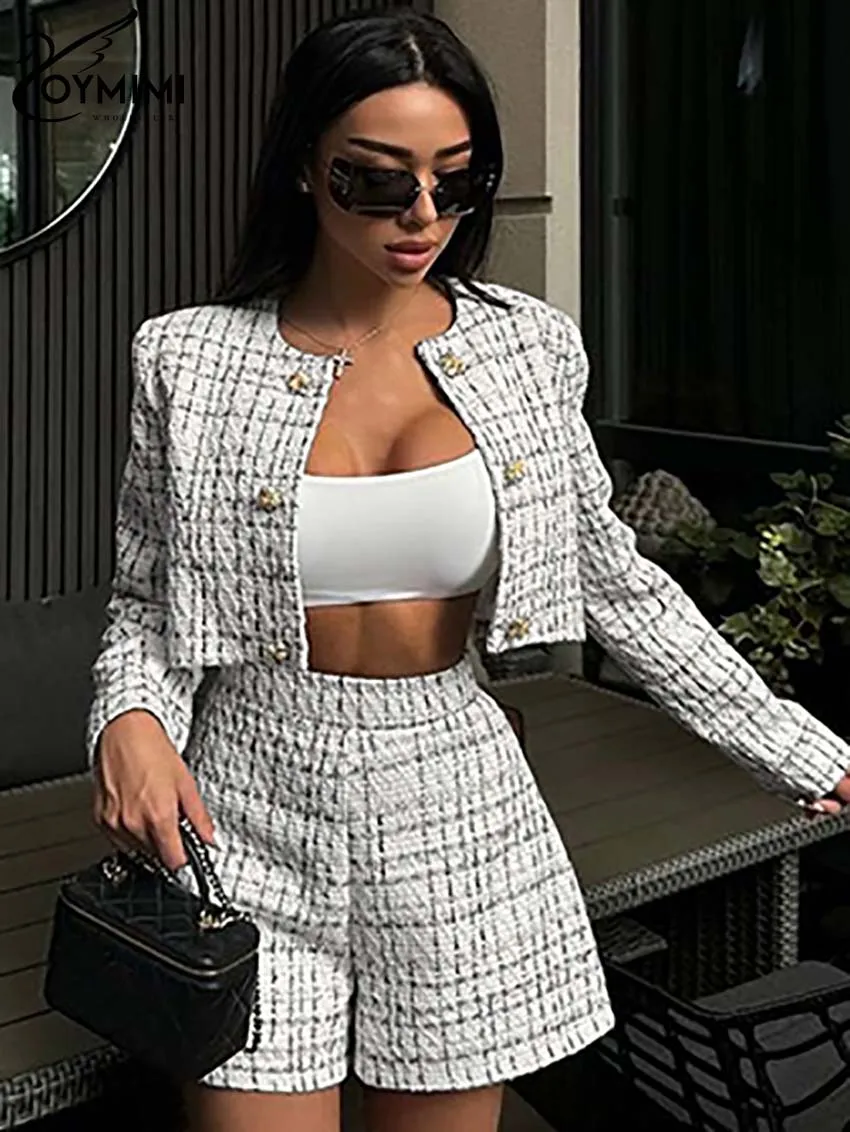 Oymimi Casual Weiß Drucken Zwei Stück Set Für Frauen Mode Oansatz Langarm Taste Crop Shirts Und Hohe Taille Shorts Weibliche set