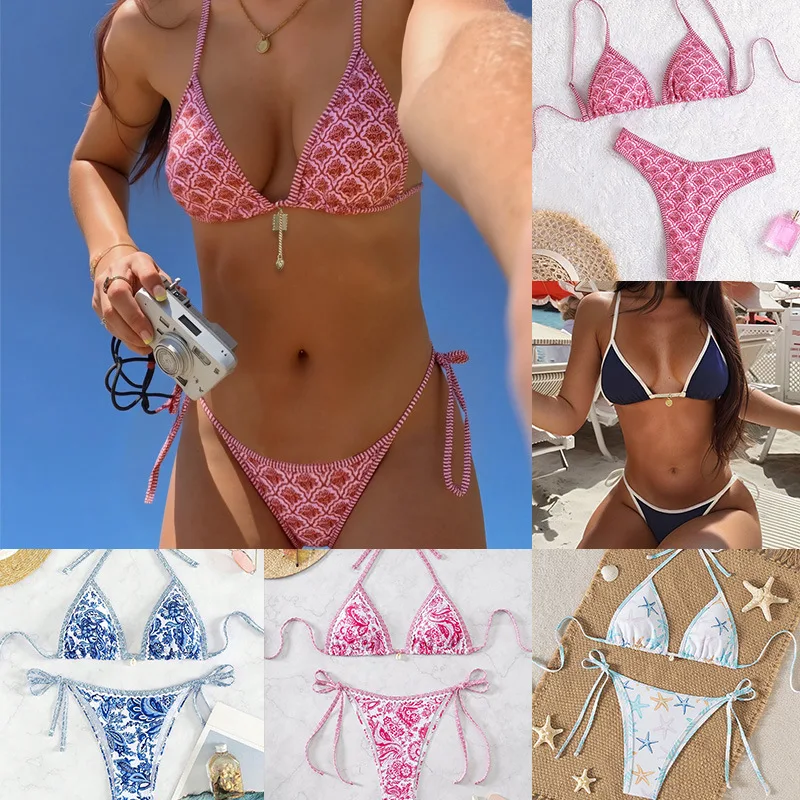

Swimsuit Women's 2026 New Hemming Contrasting Color Printing Strap Sexy Bikini Split Swimsuit Swimwear Women Swimsuit One Piece