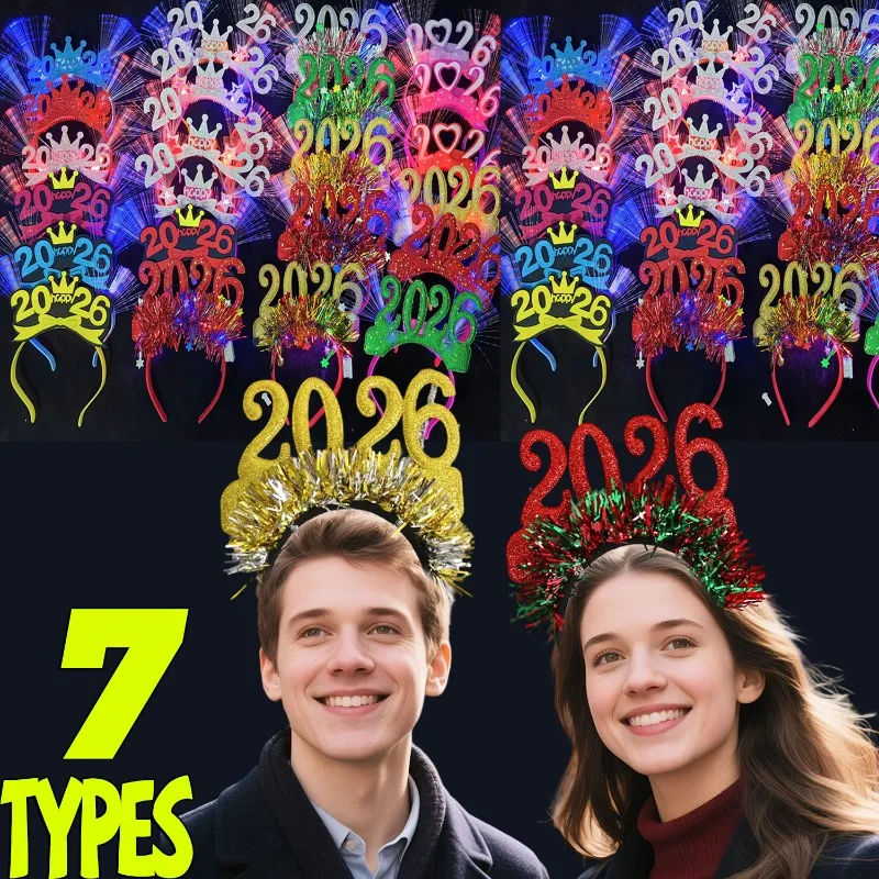 

2026 LED Glow Party Light Hairband Happy New Year Adult Kids Crown Flower Headband Halo Luminous Wreath Hairband Gift Hair Hoop