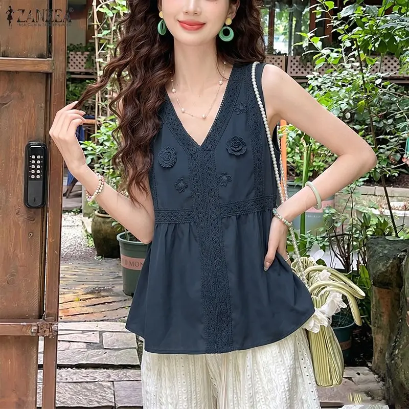 ZANZEA Sommer-Tanktops ohne Ärmel, stilvolle Damen-Tops mit V-Ausschnitt, elegante Spitzen-Patchwork-Urlaubsbluse, lässige, lockere Strand-T-Shirts – Detail 7
