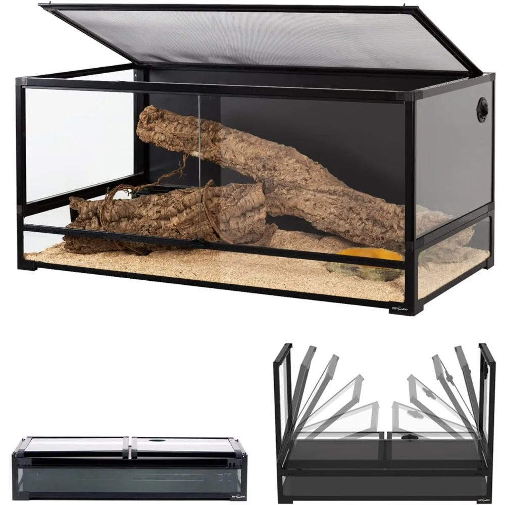 

Collapsible 120 Gallon Reptile Tank, Tempered Glass Large Reptile Terrarium 48"x24"x24", Black PVC Back, Front & Top Ventilation