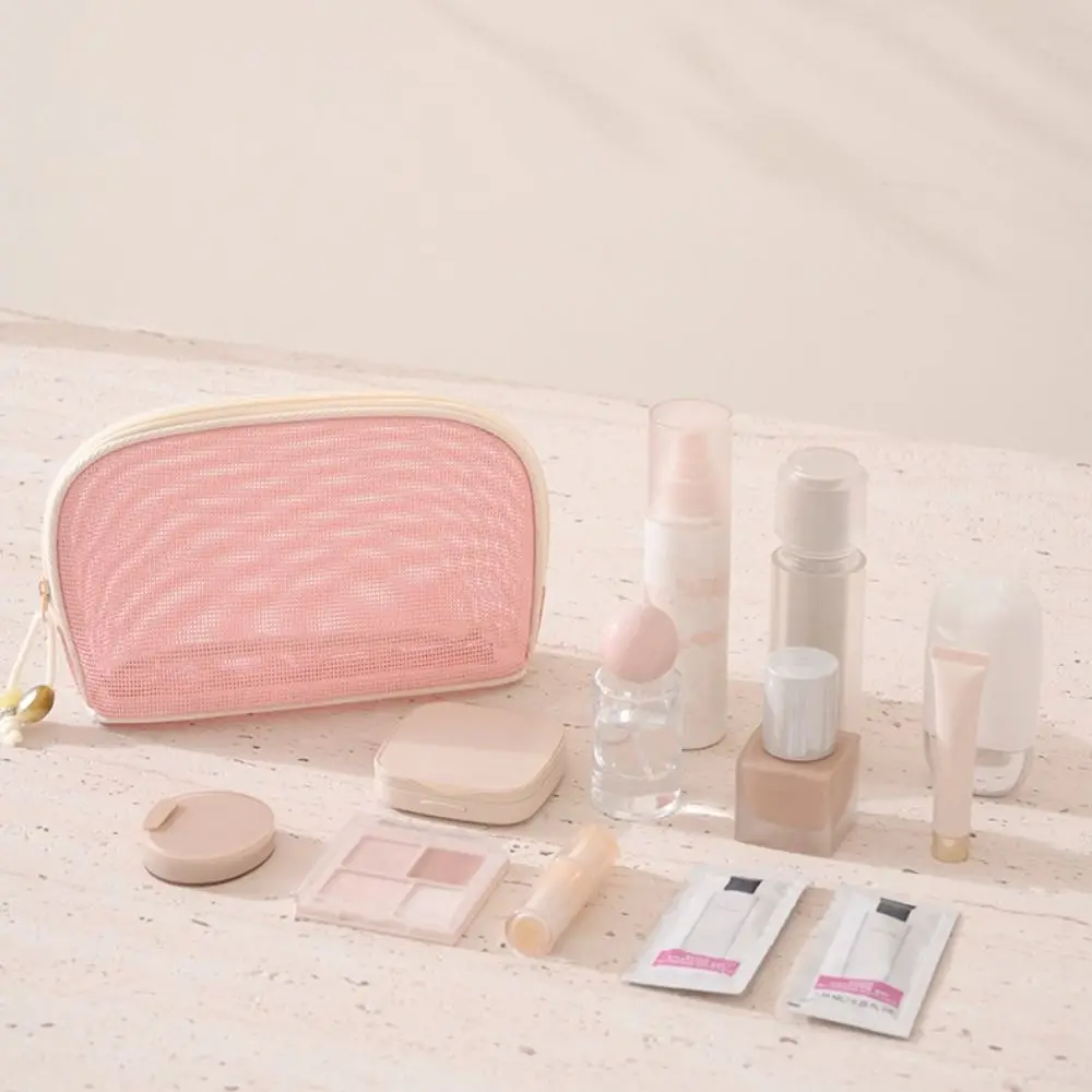 Portable Mesh Cosmetic Bag Zipper Closure Lightweight Toiletry Bag Transparent Large Capacity Makeup Handbag