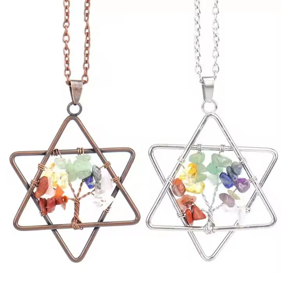 Hot Sale Winding Crystal Healing Stone Gravel Chakras Tree of Life Hexagram Pendant Necklace with Chain Fashion Gemstone Jewelry