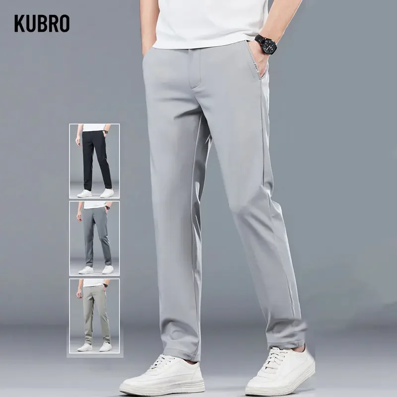 

KUBRO 2023 Ice Silk New Summer Lightweight Chic Men's Casual Slim Straight Thin Trousers Male Fashion Stretch 30-38 Man Pants