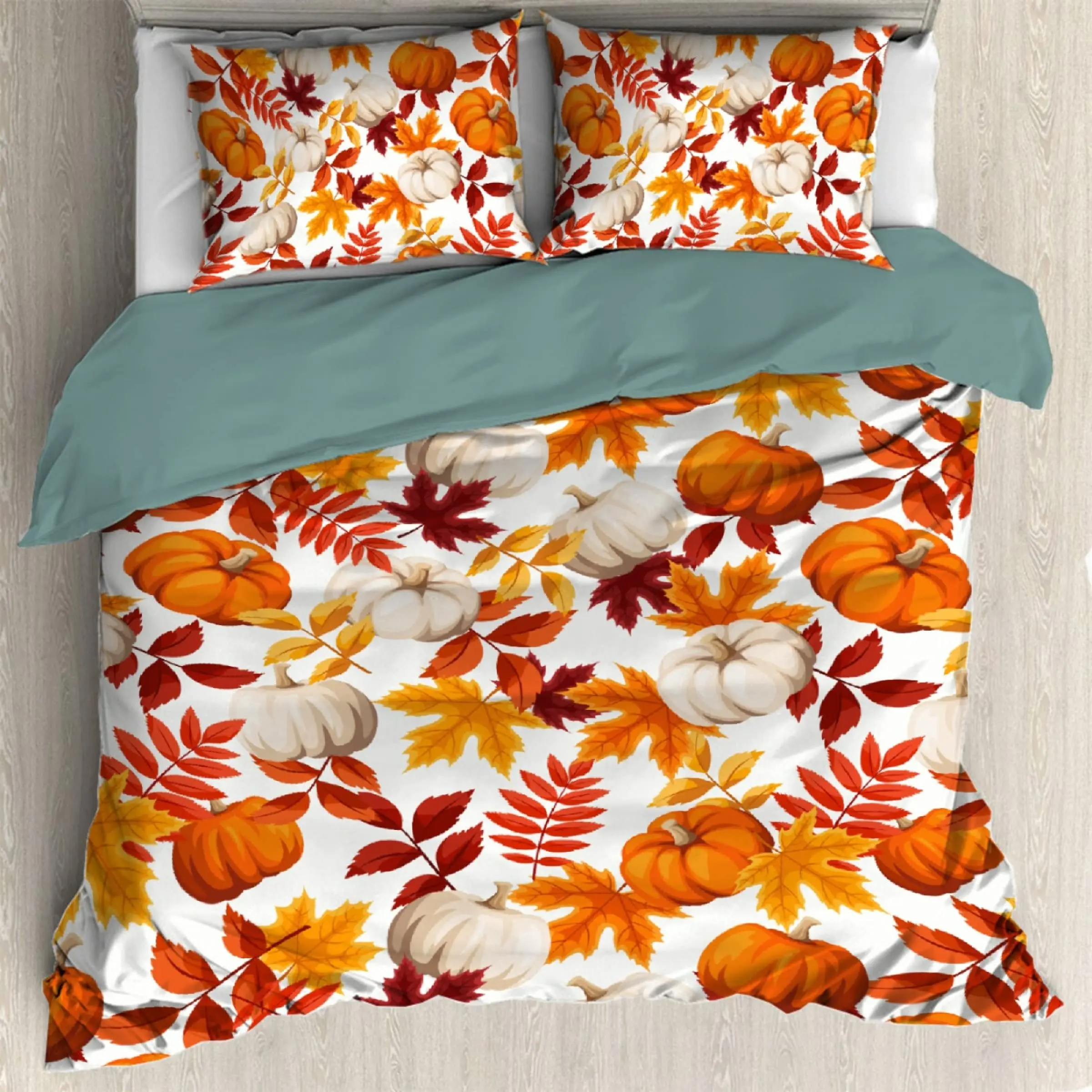

Thanksgiving Fall Pumpkin Maple Leaves Duvet Cover with 2 Pillow Shams 3pcs Comforter Cover Bedding Set All-Season Room Decor
