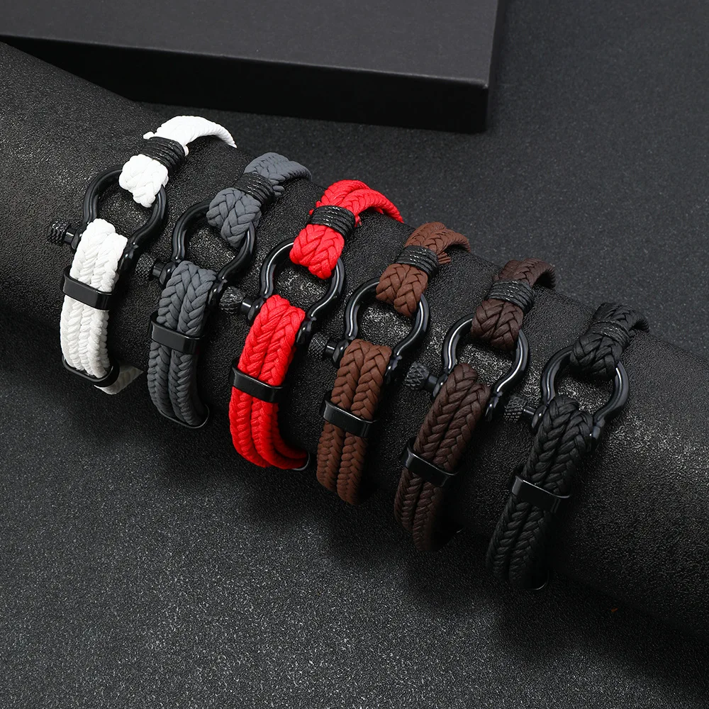 Casual Leather Rope Bracelets for Men Boys,Simple Knitted Bracelet with Horseshoe Buckle,Adjustable Gift to Husband Brother