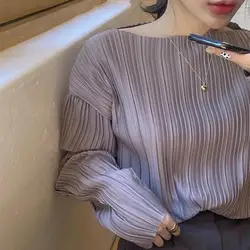 Fashion Woman Blouses 2023 Slash Neck Long Sleeve Spring Autumn Loose Office Lady Casual Solid Color Folds All-match Pullovers