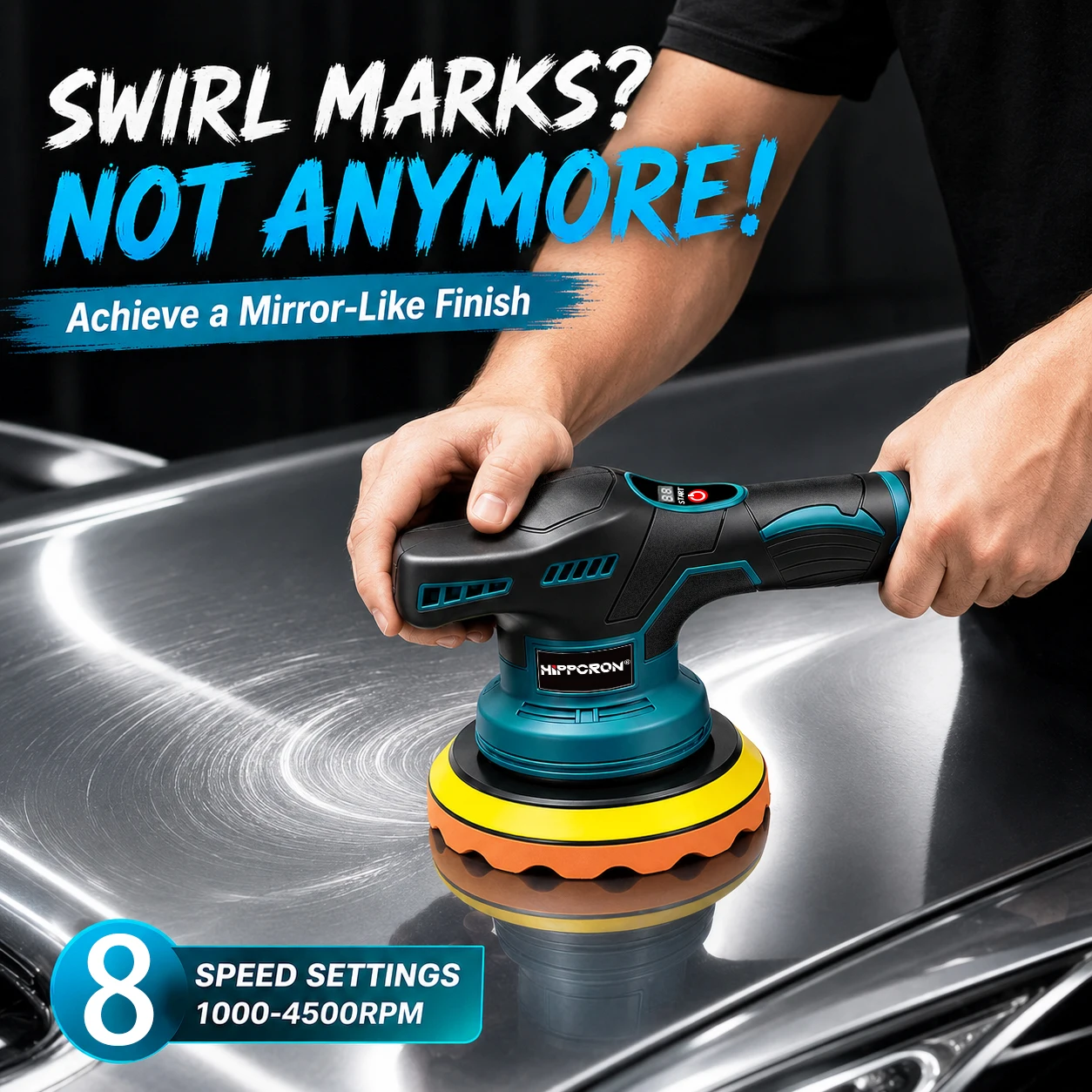 HIPPCRON 150MM 8 Speed 240W Cordless Multi-functional Car Polishing Machine Lightweight Sanding Tool 1300mAh DIY 12V Orbit 12MM