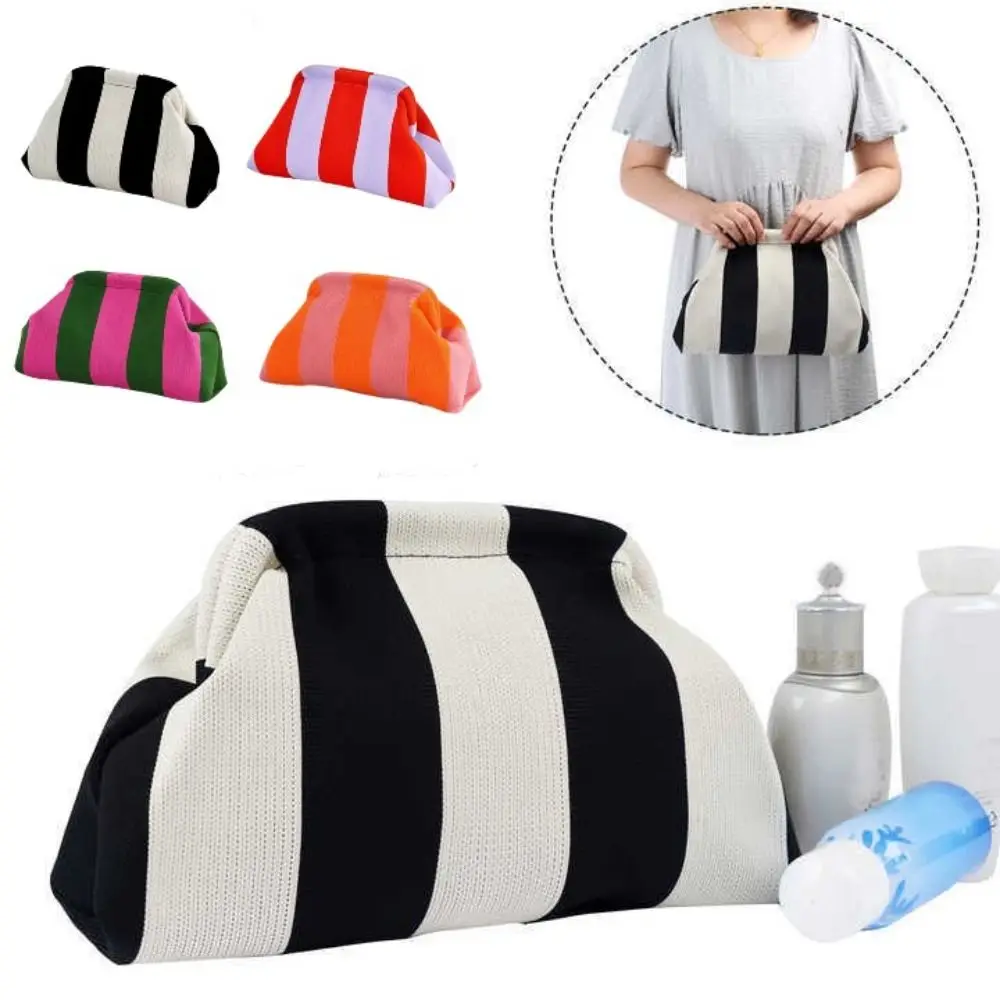 

Cute Knitting Beach Clutch Bag Large Capacity Woven Crochet Colorblock Bag Stripe Dumpling Clutch Summer