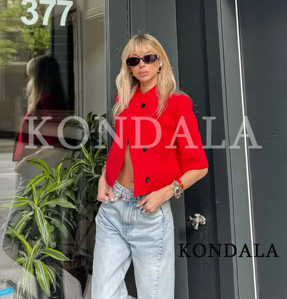 KONDALA Women High Street Red Short Blazer Elegant Commute Chic Short Sleeve Blazer New 2026 Summer Trendy Female Leisure Blazer