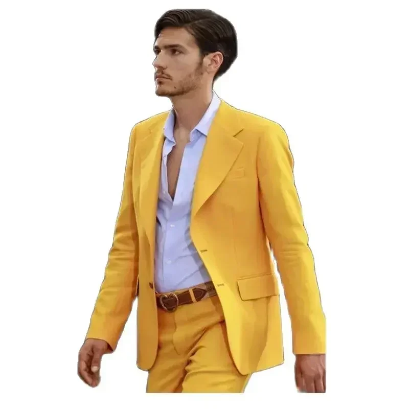 

2 Piece Fashion Yellow Wedding Groom Tuxedo Men Suits Smart Casual Slim Fit Blazer Hombre High Street Custom Set Costume Homme