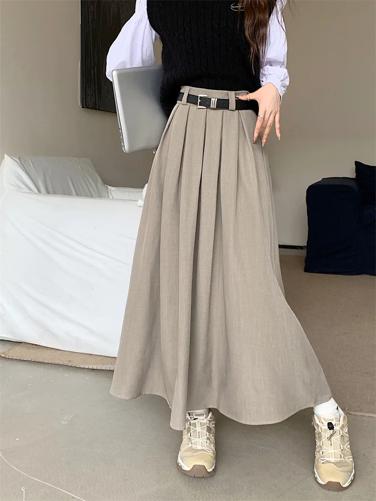 

2024 New Korean Skirt Women Solid Color Versatile Mid-length Pleated Skirt Large Swing Type Skirt Female Long Skirts for Women