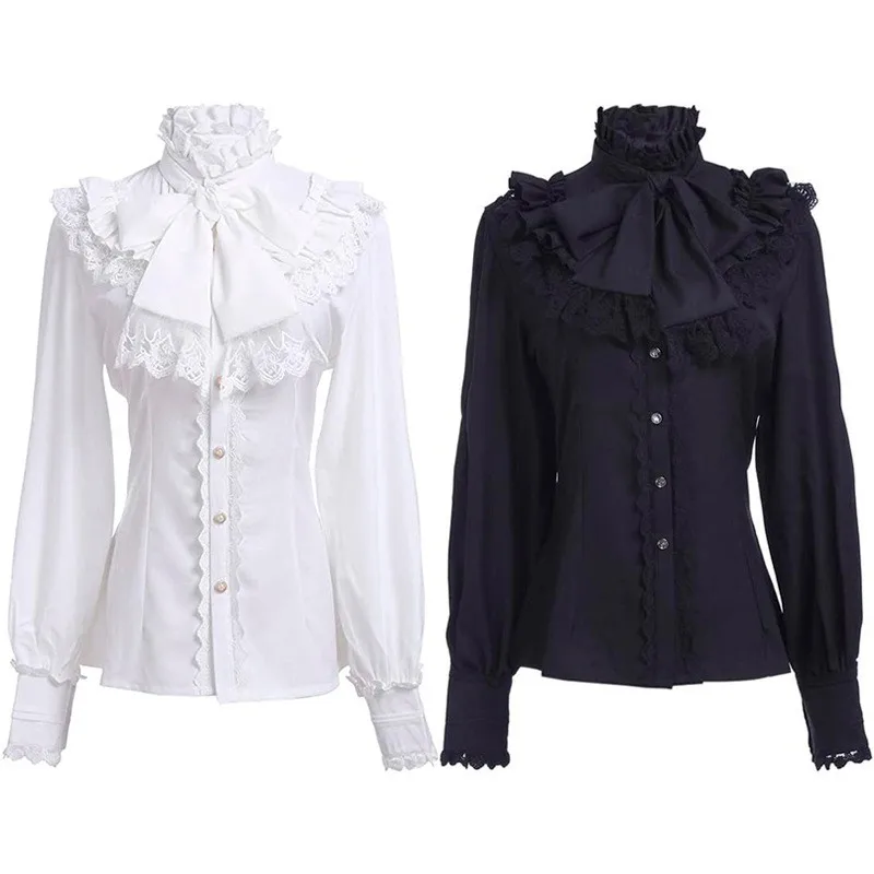 

Medieval Style Pure Color Long Sleeve Lace Trim Blouse Inner Wear Retro Court Artistic Women's Shirt Top by Leibella for 18-2...