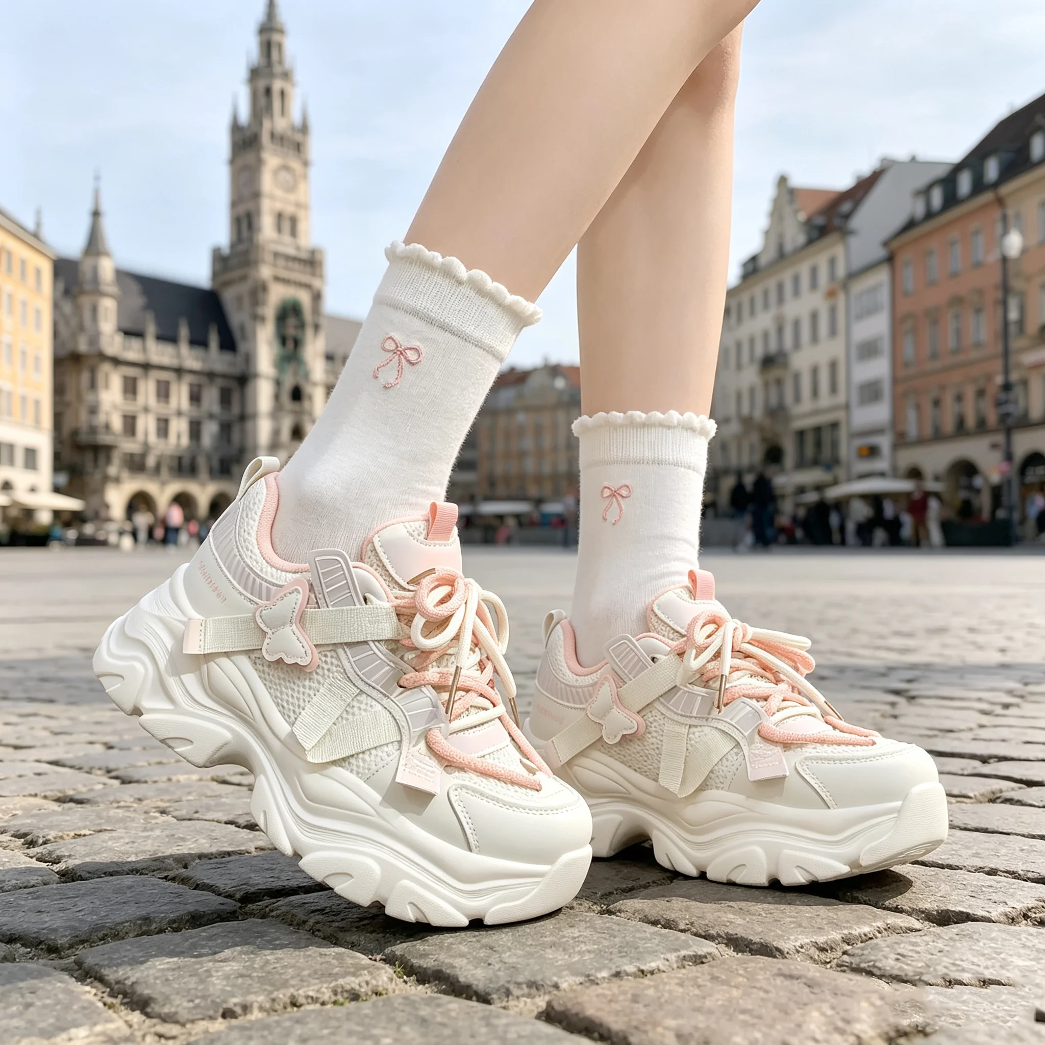 Women's sports shoes with butterfly design, breathable, fashionable, thick-soled, anti-slip,suitable for middle school students