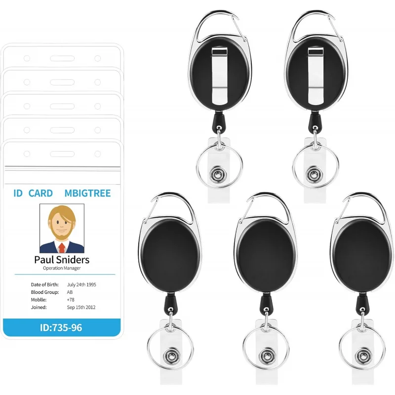 

5-пакетный держатель для бейджа, держатель для бейджа, выдвижной зажим с карабином, катушкой и брелком для ключей для мужчин и женщин