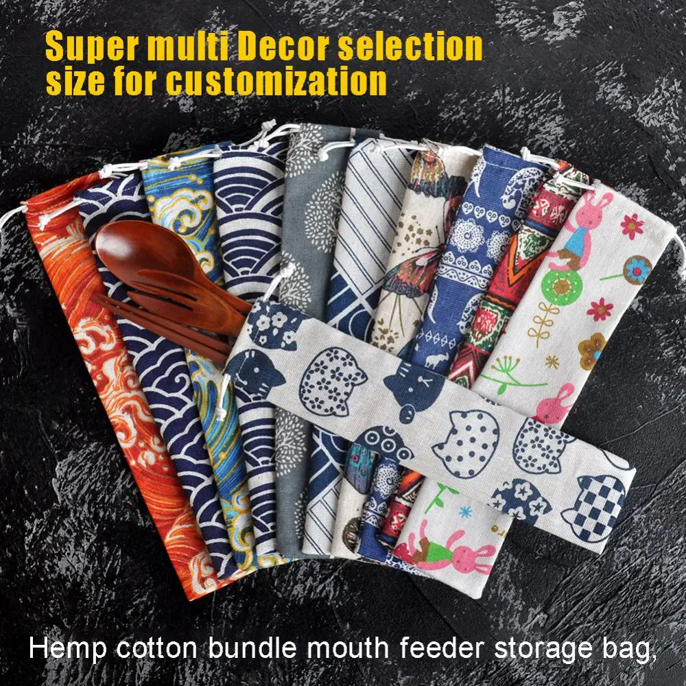 1~5PCS Japanese Style Tableware Bag Portable Cotton Linen Chopstick Spoon Knife Forks Straw Storage Fish Striped Bundle Mouth