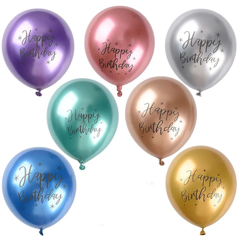 

12 inch Chrome Latex Balloon Print Happy Birthday Metal Balloon Birthday Party Decoration Boys Girls One Year Party Air Balloon