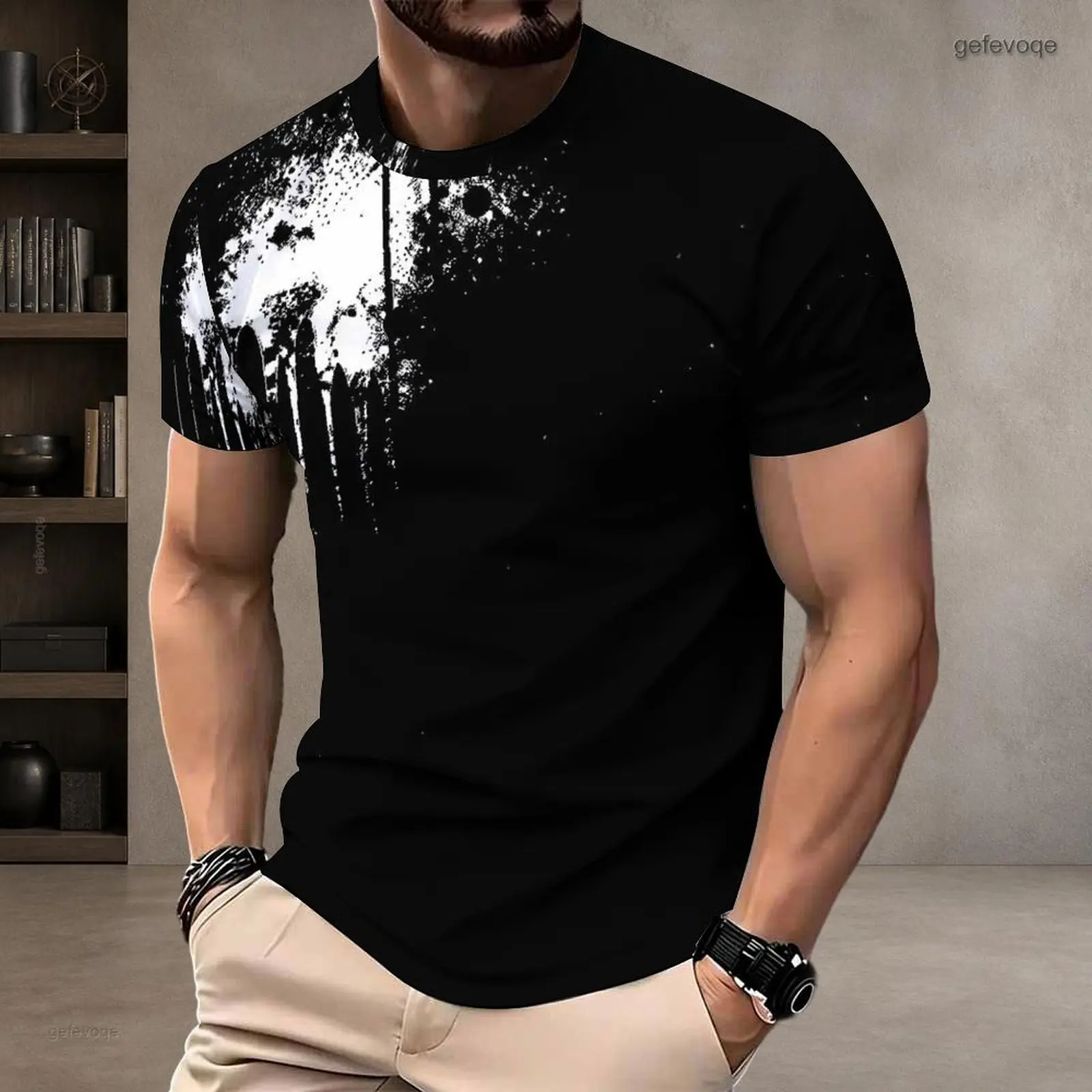 Men Black White Abstract Brush Splatter Printed Round Neck Short Sleeve T-Shirt