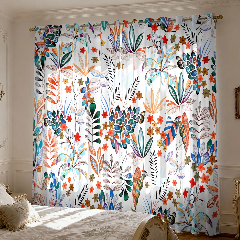 2PCS Colorful Retro Hand Painted Flower Plant Eyelet Blackout Curtains Privacy Window Curtain For Living Room Bedroom Decor