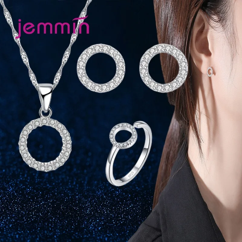 

Sparkling Genuine 925 Sterling Silver Jewelry Sets Round Shaped Earrings Ring Pendant Necklace For Women Shiny Gifts Style