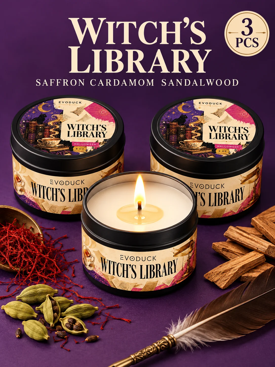 1/2/3pcs Halloween Scented Candle Saffron Cardamom Sandalwood 3oz Black Tin Candle Witchy Dark Academia Spicy Woody Fragrance Candles for Reading Nook Bookshelf Desk Office Spooky Home Decor Halloween Gifts for Book Lovers Women
