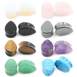 Alisouy 2pcs Natural Stone Flat Surface Water Drop Ear Plugs Tunnels Expander Stretcher Ear Earring Gauges Body Piercing Jewelry