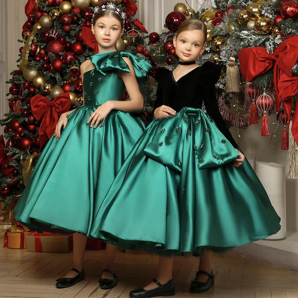 

Vintage Emerald Green Girl's Prom Dresses Tea Length A-line Kids Evening Party Gown Bow Dark Green Flower Girl Pageant Dress