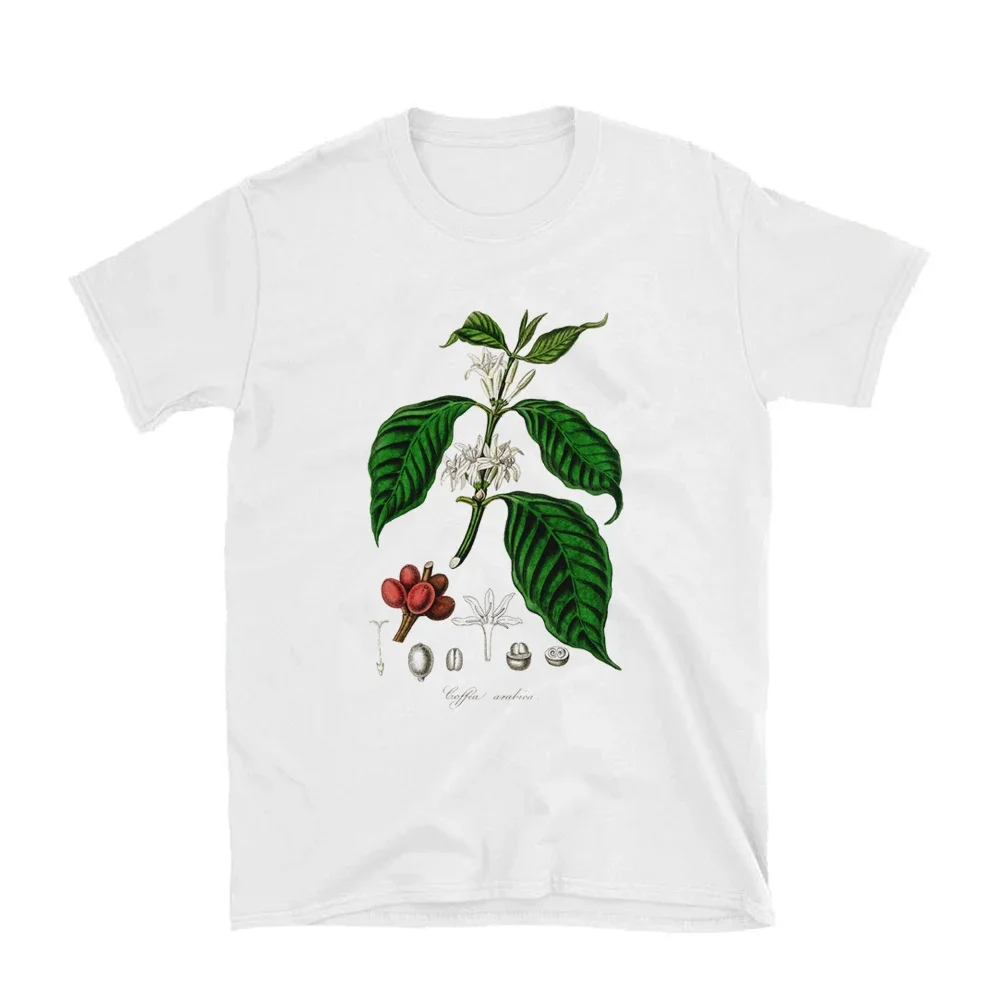 Vintage Coffee Plant Illustration T-Shirt Botanical Graphic T Shirts Women Cotton Aesthetic Tshirt Coffee Tee Short Sleeve Shirt