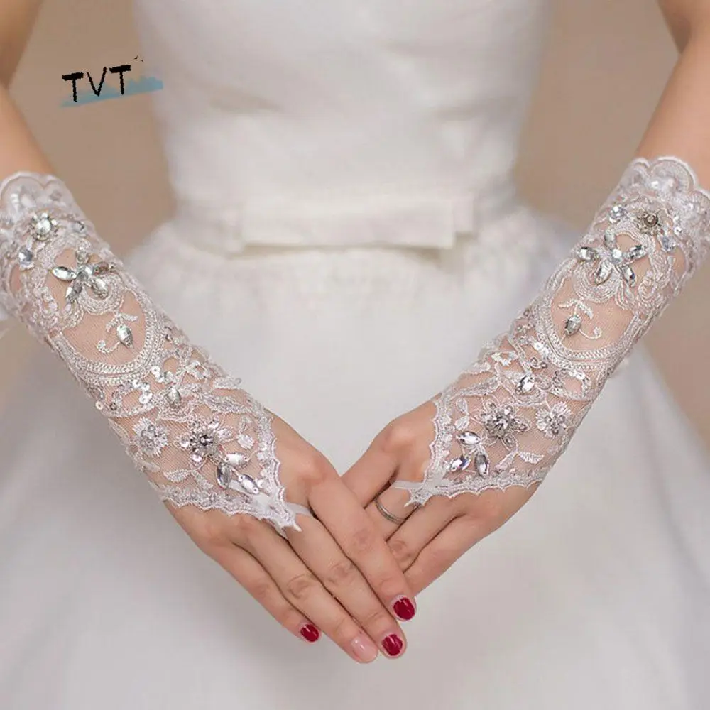 

Popular Dress Fashionable Short Gloves Lace Fingerless Gloves Beads Rhinestone
