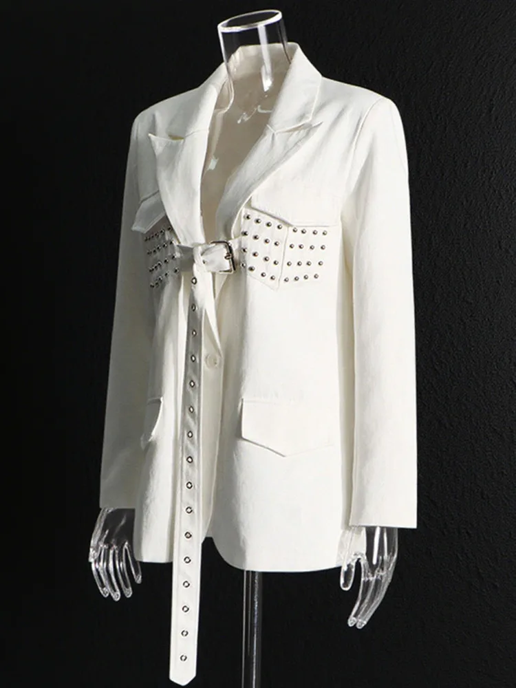 ZMEENNA White Stylish Blazer For Women With Studded Bustier Detailing And Adjustable Belt Long Sleeve Jacket ZM4072