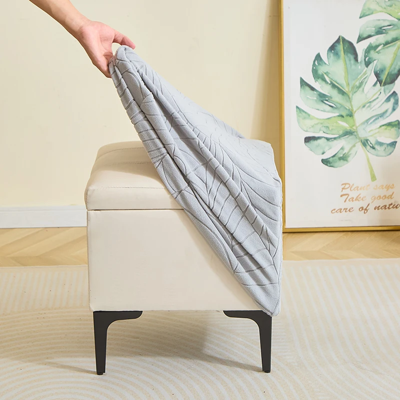 1PC Leaf Jacquard Ottoman Cover Elastic Square Footrest Cover Solid Color Dustproof Footstool Slipcover for Bedroom Party Hotel