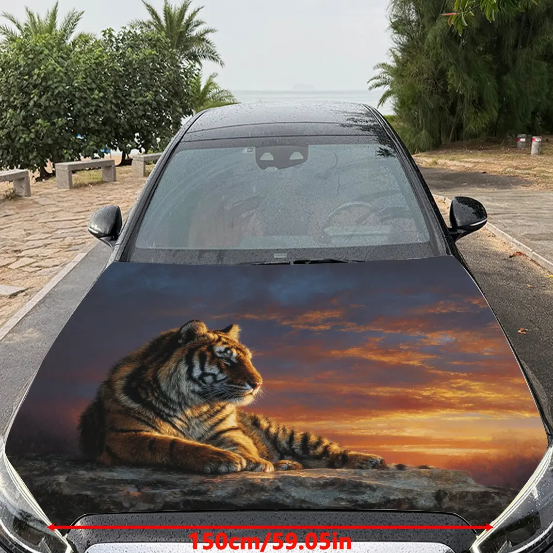 Car Decals Majestic Tiger Resting Under a Breathtaking Sunset Sky Car Hood Sticker, Waterproof Self - Adhesive Vinyl Graphics De