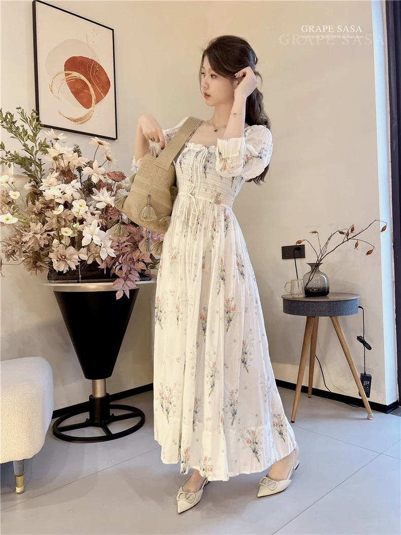 Women Luxury Smocking Square Collar Floral Printed 100% Cotton Long Dress