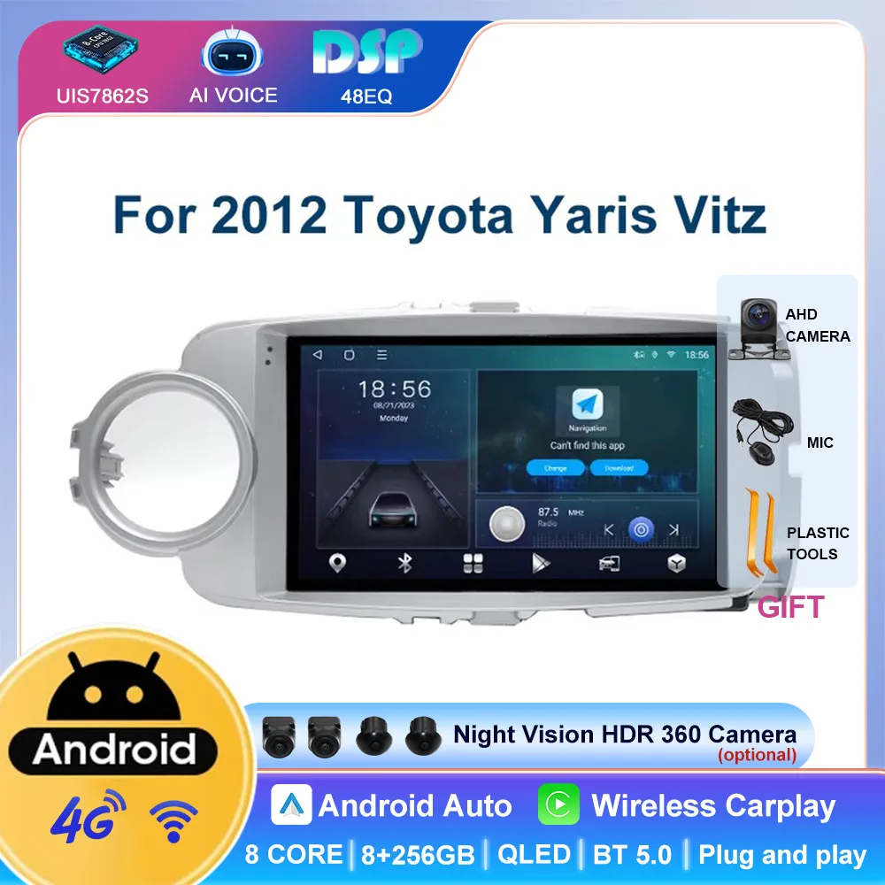 8 Core BT Carplay WIFI 4G DSP Android Auto Car Gps Multimedia Stereo Touch Screen Radio Player For 2012 Toyota Yaris Vitz