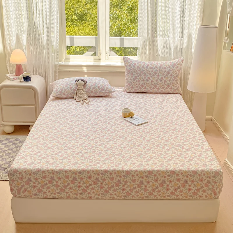 Korean-style Double Gauze 100% Pure Cotton Fitted Sheet  Skin Friendly Floral Printed Mattress Protector Cover High Elastic Soft