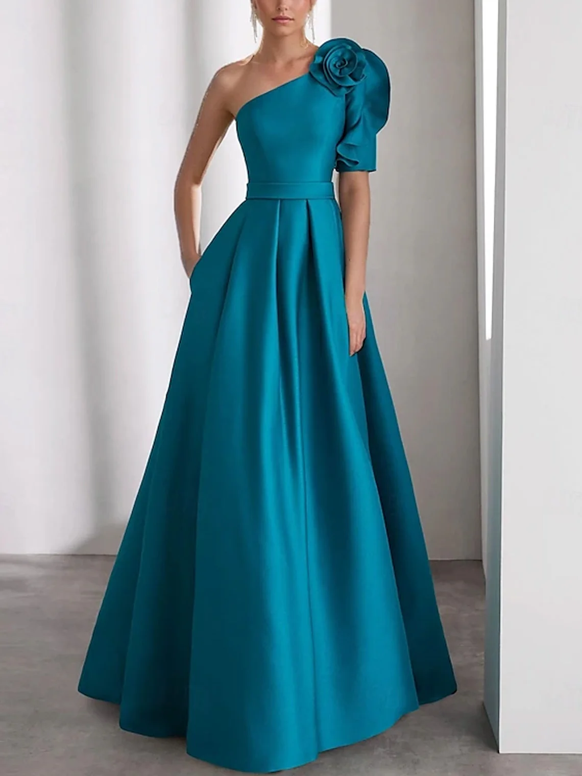

Elegant A-Line Satin Prom Dress One Shoulder Floor Length Short Sleeves Solid Color Formal Evening Gown 2025 free customized