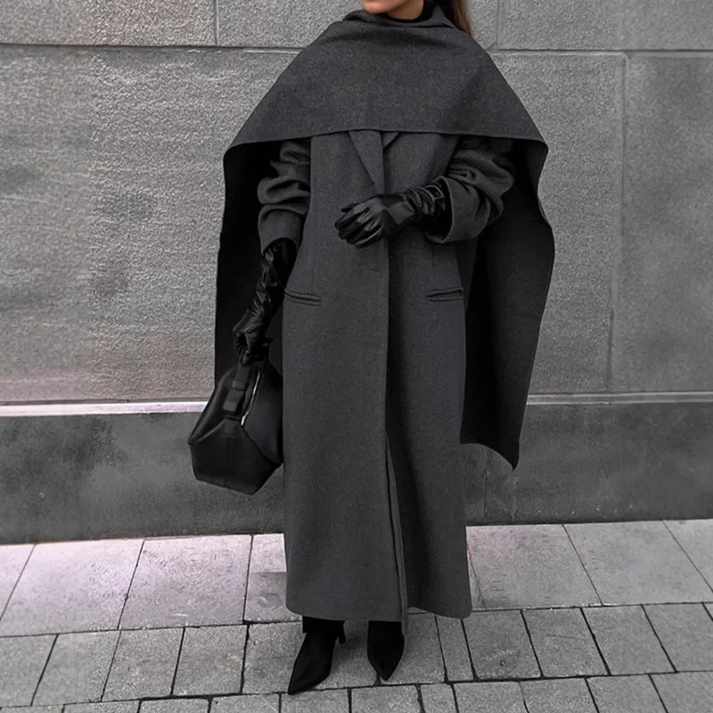 

EAEOVNI зимнее модное шерстяное длинное пальто, женское пальто с шарфом и воротником в стиле пэчворк, однотонная куртка на пуговицах, уличная одежда, новинка 2023 г.