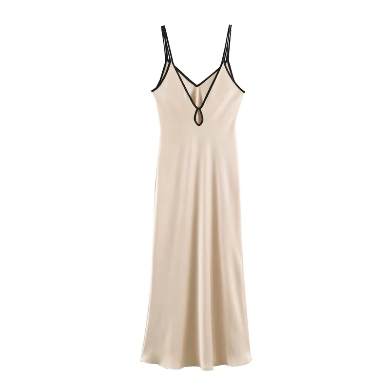 Robe longue élégante et gracieuse pour femme, nouvelle collection été 2026, beige, à fines bretelles, sexy, ajourée, décorative, en satin