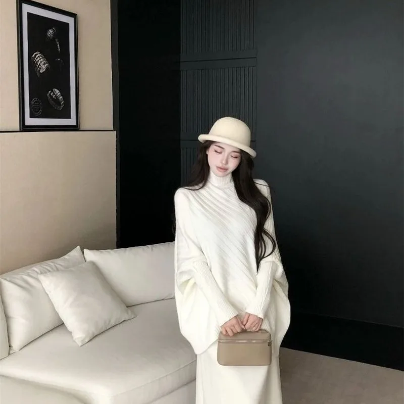 Women's Two-piece Set Featuring Semi-high-neck Bat-sleeve Loose Knitted Sweater A-line Mid-length Skirt for The New Autumn Style