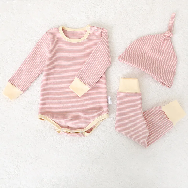 3Pcs Newborn Infant Clothes Sets Cotton Stripe Long Sleeve Bodysuit + Pant + Hat Baby Clothing