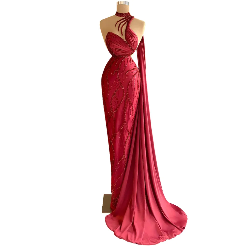 Luxury Prom Dresses Sheath Halter ลูกปัด Burgundy ดูไบซาอุดีอาระเบียชุดราตรีชุดราตรี Robe De Soiree Haute Couture