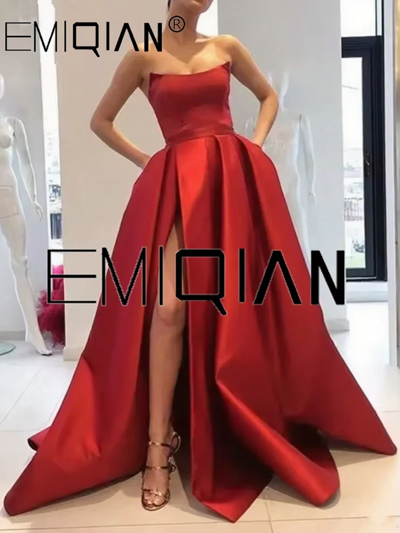 

Elegant Strapless Party Gown Satin Sexy Prom Dress Lilac High Slit Plus Size Prom Dresses Long vestido fiesta