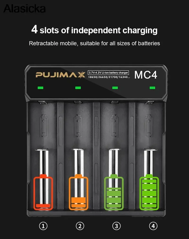 

26650 18350 14500 26500 22650 Li-ion Rechargeable Battery charger 18650 battery charger 4 slots USB cable fast charging