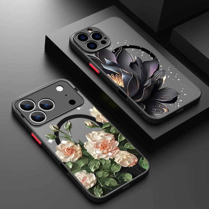 Magnetische Rose Lotusblume Handyhülle für iPhone Air 17 16 15 14 13 Pro Max 12 Pro 16 Plus 16e 11 für Magsafe stoßfeste Abdeckung