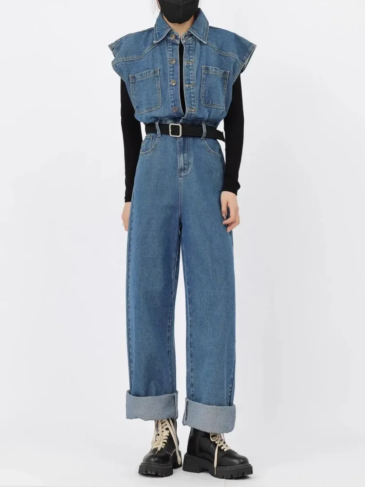 American Retro Denim Jumpsuit Women'S Spring And Autumn High-End Sense Flip Collar Workwear Wide Leg Pants